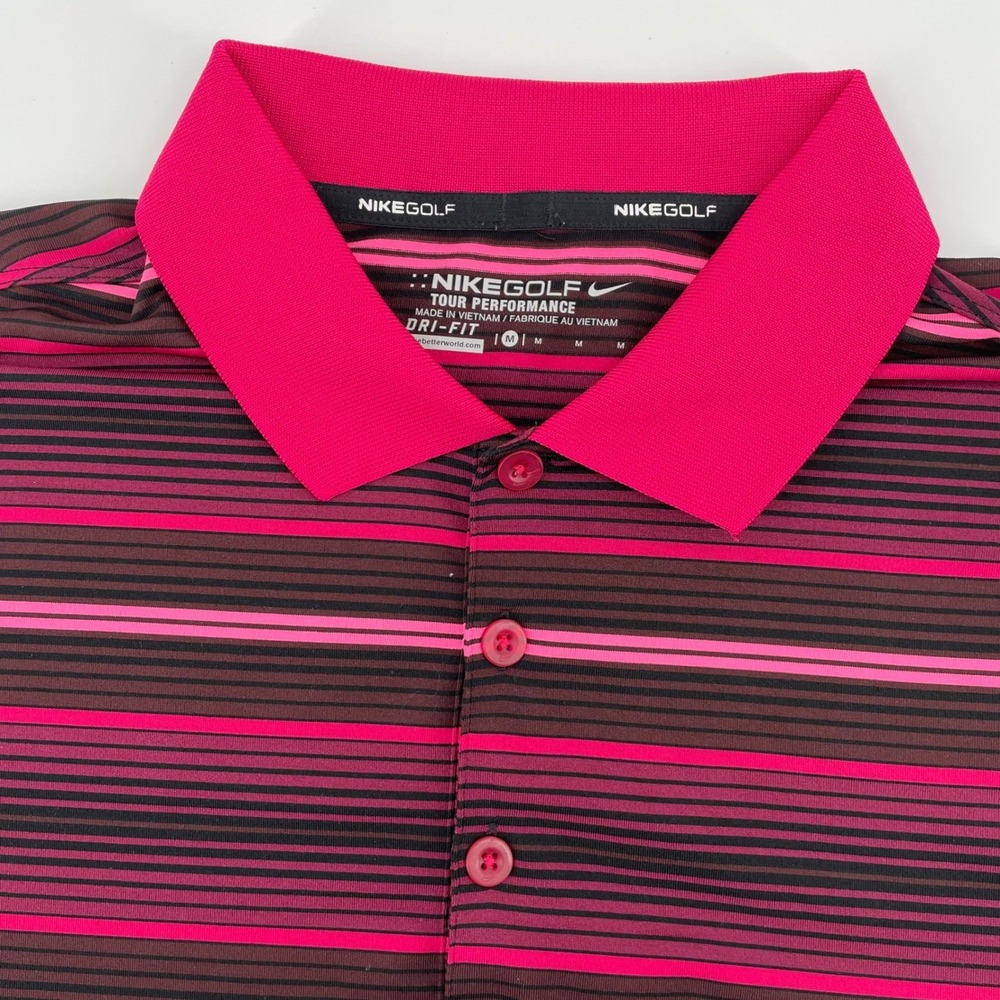 Nike Golf Tour Performance Dri-FIT Striped Polo Shirt Men's Medium Pink Maroon